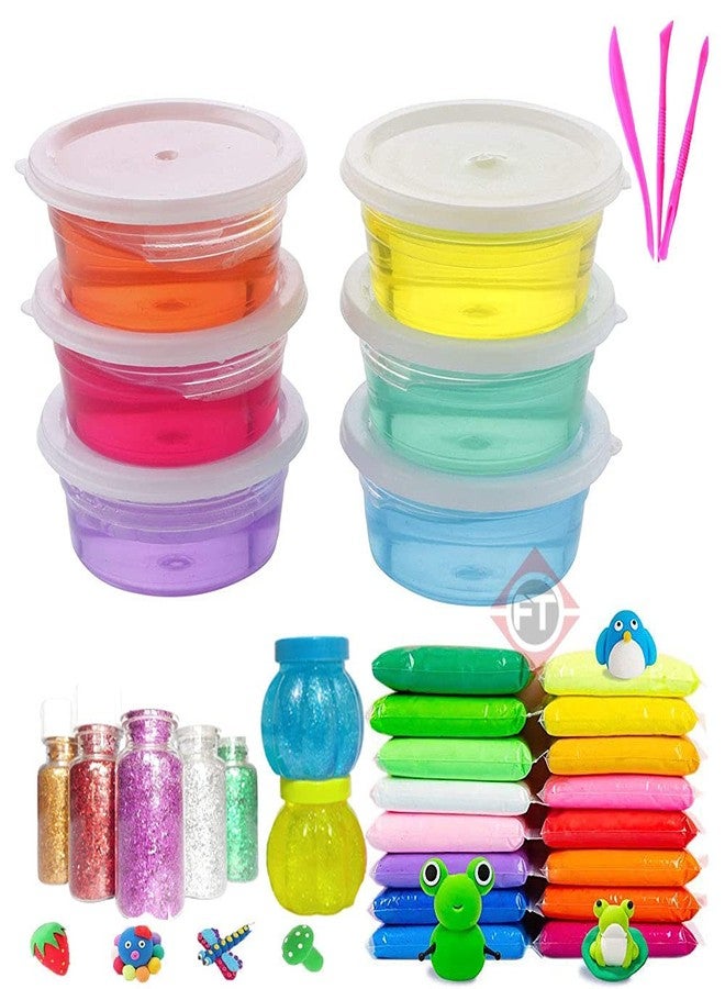 Firstly T DIY Slime Kit with 6 Crystal Slime, 2 Slime Pot and 12 Air Dry Clay Combo with Free Glitter and Modelling Tools for Kids Boys and Girls Age 3+ Years/Surprise Gift for Him Her